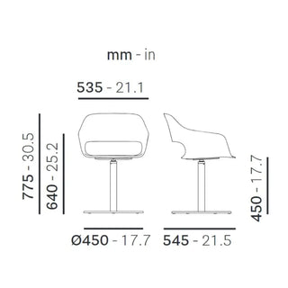 Pedrali Babila 2765 旋轉扶手椅，配拉絲鋼底座