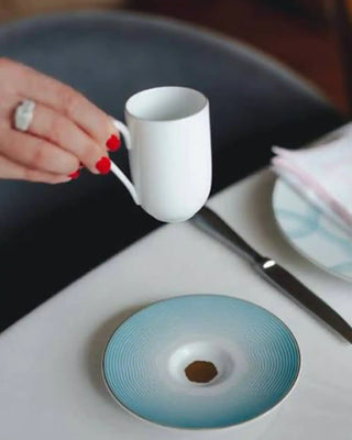 Raynaud Aura coffee cup with saucer in Limoges porcelain with light blue decoration